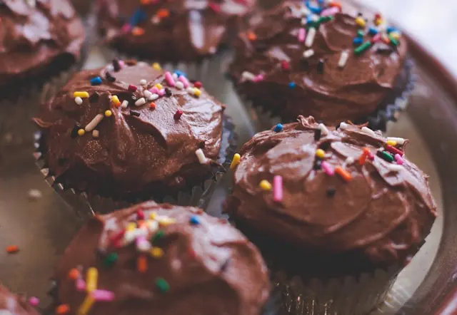 close up of chocolate iced cupcakes with sprinkles