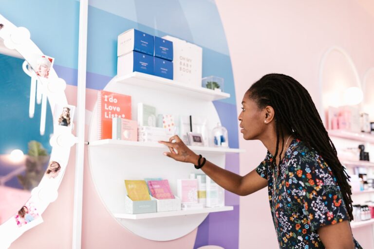 woman comparing labels on beauty products