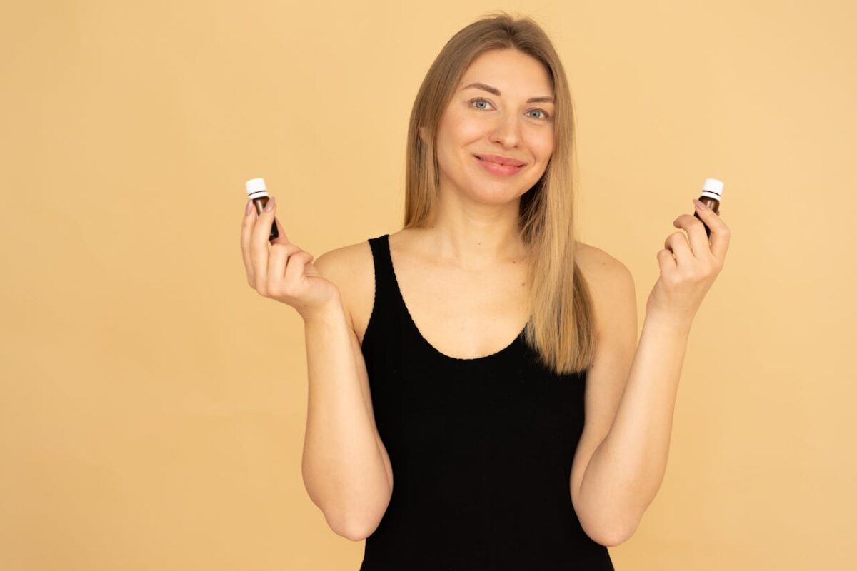 woman comparing two cosmetic products