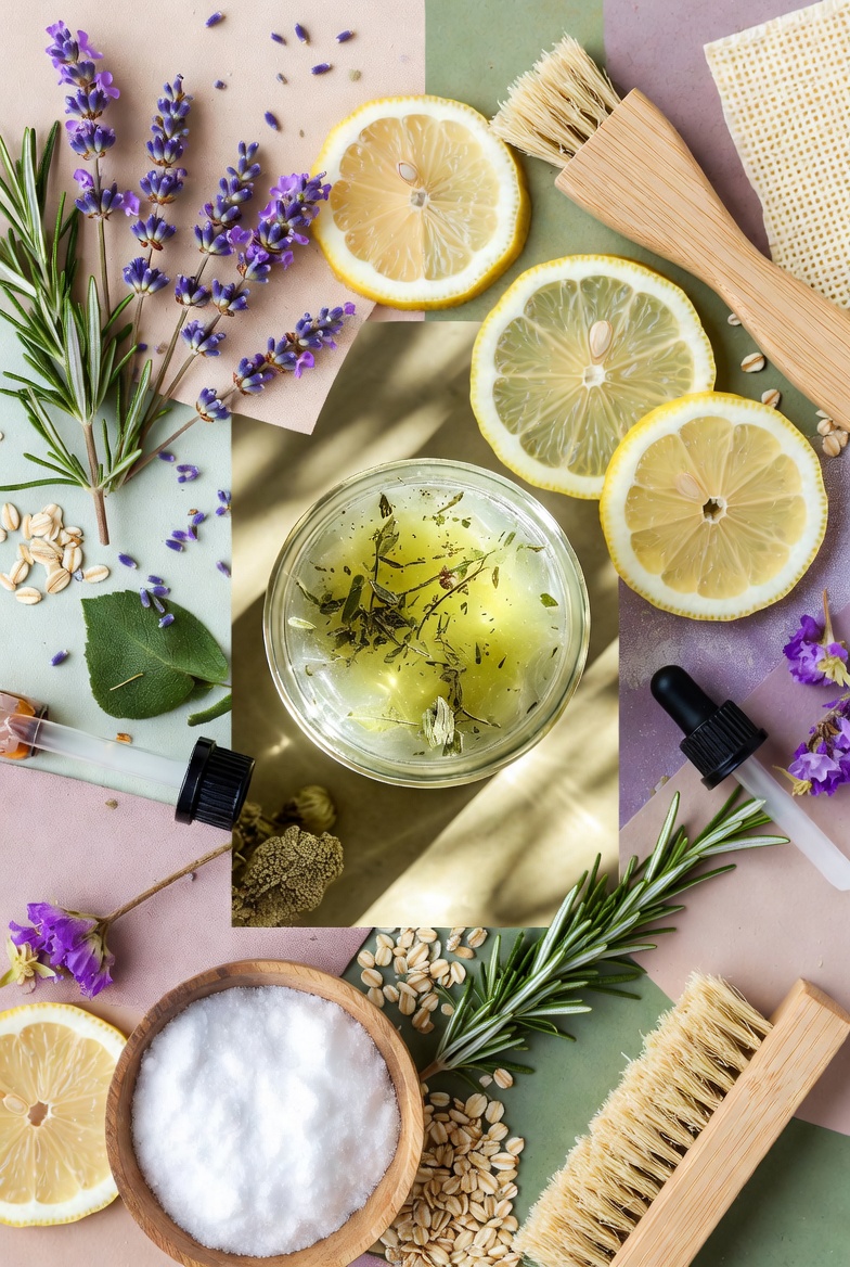 a flat lay of natural skin care ingredients and greener living items